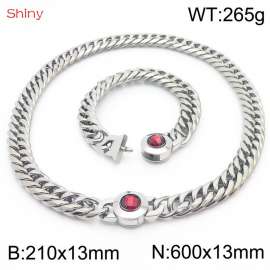 Punk Cuban Link Chain Stainless Steel 210×13mm Bracelet 600×13mm Necklace Men Women Waterproof Silver Color Red Stone Clasp Jewelry Sets