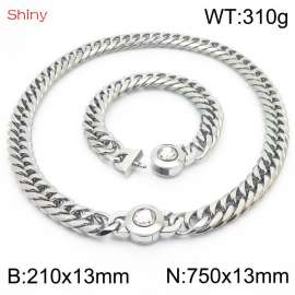 Simple Exaggerated Cuban Link Chain White Stone Clasp Stainless Steel 210×13mm Bracelet 750×13mm Necklace for Men Women Hip Hop Distorted Thick Chain Creative Fashion Glamour Jewelry Sets
