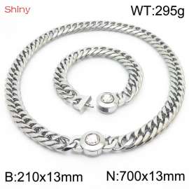 Simple Exaggerated Cuban Link Chain White Stone Clasp Stainless Steel 210×13mm Bracelet 700×13mm Necklace for Men Women Hip Hop Distorted Thick Chain Creative Fashion Glamour Jewelry Sets