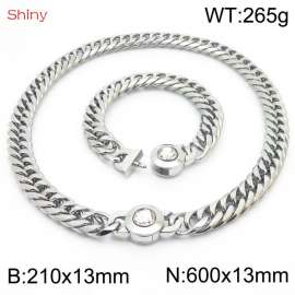 Simple Exaggerated Cuban Link Chain White Stone Clasp Stainless Steel 210×13mm Bracelet 600×13mm Necklace for Men Women Hip Hop Distorted Thick Chain Creative Fashion Glamour Jewelry Sets