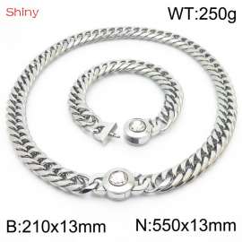 Simple Exaggerated Cuban Link Chain White Stone Clasp Stainless Steel 210×13mm Bracelet 550×13mm Necklace for Men Women Hip Hop Distorted Thick Chain Creative Fashion Glamour Jewelry Sets