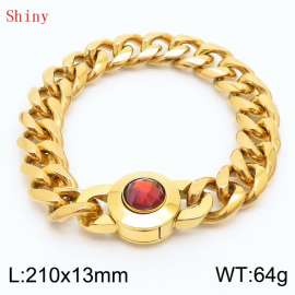 Fashionable and personalized stainless steel 210 × 13mm Cuban Chain Polished Round Buckle Inlaid with Red Glass Diamond Charm Gold Bracelet