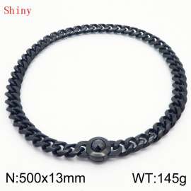 Fashionable and personalized stainless steel 500 × 13mm Cuban Chain Polished Round Buckle Inlaid with Black Glass Diamond Charm Black Necklace