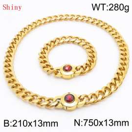 Fashionable and personalized stainless steel 210×13mm&750×13mm Cuban Chain Polished Round Buckle Inlaid with Red Glass Diamond Charm Gold Set
