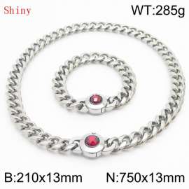 Fashionable and personalized stainless steel 210×13mm&750×13mm Cuban Chain Polished Round Buckle Inlaid with Red Glass Diamond Charm Silver Set