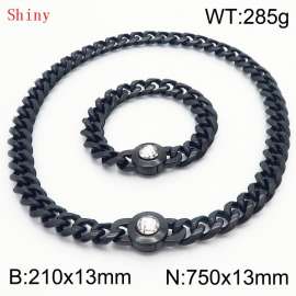 Fashionable and personalized stainless steel 210×13mm&750×13mm Cuban Chain Polished Round Buckle Inlaid with white Glass Diamond Charm Black Set