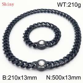 Fashionable and personalized stainless steel 210×13mm&500×13mm Cuban Chain Polished Round Buckle Inlaid with white Glass Diamond Charm Black Set