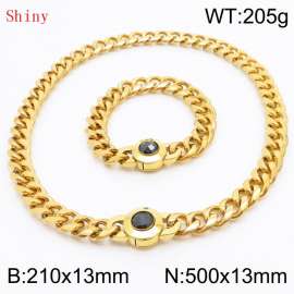 Fashionable and personalized stainless steel 210×13mm&500×13mm Cuban Chain Polished Round Buckle Inlaid with Black Glass Diamond Charm Gold Set