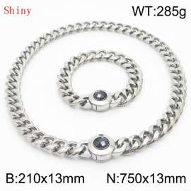 Fashionable and personalized stainless steel 210×13mm&750×13mm Cuban Chain Polished Round Buckle Inlaid with Black Glass Diamond Charm Silver Set