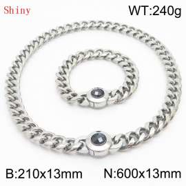 Fashionable and personalized stainless steel 210×13mm&600×13mm Cuban Chain Polished Round Buckle Inlaid with Black Glass Diamond Charm Silver Set