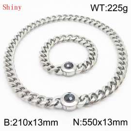 Fashionable and personalized stainless steel 210×13mm&550×13mm Cuban Chain Polished Round Buckle Inlaid with Black Glass Diamond Charm Silver Set