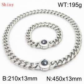 Fashionable and personalized stainless steel 210×13mm&450×13mm Cuban Chain Polished Round Buckle Inlaid with Black Glass Diamond Charm Silver Set