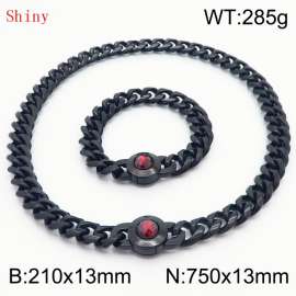 Fashionable and personalized stainless steel 210×13mm&750×13mm Cuban Chain Polished Round Buckle Inlaid with Red Glass Diamond Charm Black Set