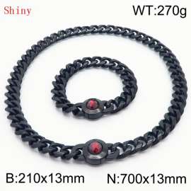 Fashionable and personalized stainless steel 210×13mm&700×13mm Cuban Chain Polished Round Buckle Inlaid with Red Glass Diamond Charm Black Set