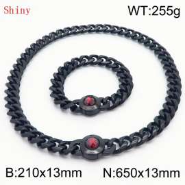 Fashionable and personalized stainless steel 210×13mm&650×13mm Cuban Chain Polished Round Buckle Inlaid with Red Glass Diamond Charm Black Set
