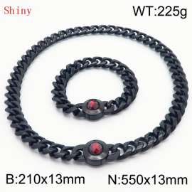 Fashionable and personalized stainless steel 210×13mm&550×13mm Cuban Chain Polished Round Buckle Inlaid with Red Glass Diamond Charm Black Set