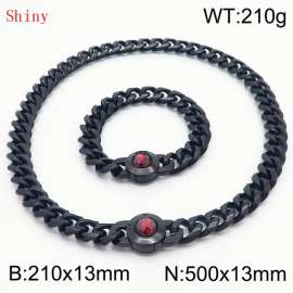 Fashionable and personalized stainless steel 210×13mm&500×13mm Cuban Chain Polished Round Buckle Inlaid with Red Glass Diamond Charm Black Set