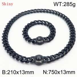 Fashionable and personalized stainless steel 210×13mm&750×13mm Cuban Chain Polished Round Buckle Inlaid with Black Glass Diamond Charm Black Set