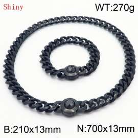 Fashionable and personalized stainless steel 210×13mm&700×13mm Cuban Chain Polished Round Buckle Inlaid with Black Glass Diamond Charm Black Set