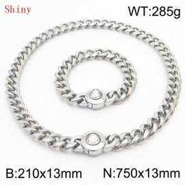 Fashionable and personalized stainless steel 210×13mm&750×13mm Cuban Chain Polished Round Buckle Inlaid with white Glass Diamond Charm Silver Set