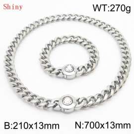 Fashionable and personalized stainless steel 210×13mm&700×13mm Cuban Chain Polished Round Buckle Inlaid with white Glass Diamond Charm Silver Set