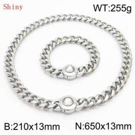 Fashionable and personalized stainless steel 210×13mm&650×13mm Cuban Chain Polished Round Buckle Inlaid with white Glass Diamond Charm Silver Set