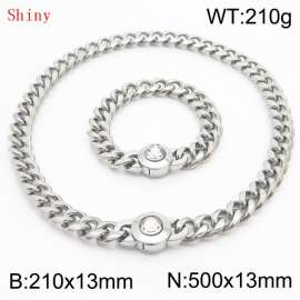Fashionable and personalized stainless steel 210×13mm&500×13mm Cuban Chain Polished Round Buckle Inlaid with white Glass Diamond Charm Silver Set