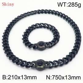 Fashionable and personalized stainless steel 210×13mm&750×13mm Cuban Chain Polished Round Buckle Inlaid Skull Head Charm Black Set