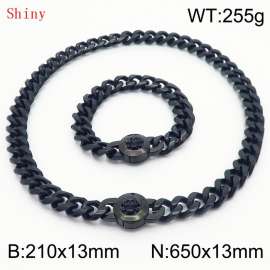 Fashionable and personalized stainless steel 210×13mm&650×13mm Cuban Chain Polished Round Buckle Inlaid Skull Head Charm Black Set