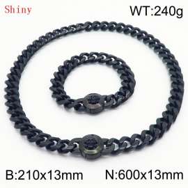Fashionable and personalized stainless steel 210×13mm&600×13mm Cuban Chain Polished Round Buckle Inlaid Skull Head Charm Black Set