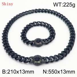 Fashionable and personalized stainless steel 210×13mm&550×13mm Cuban Chain Polished Round Buckle Inlaid Skull Head Charm Black Set