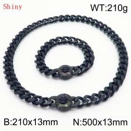 Fashionable and personalized stainless steel 210×13mm&500×13mm Cuban Chain Polished Round Buckle Inlaid Skull Head Charm Black Set