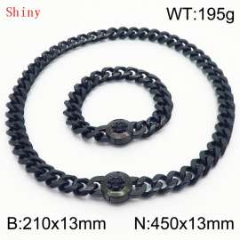 Fashionable and personalized stainless steel 210×13mm&450×13mm Cuban Chain Polished Round Buckle Inlaid Skull Head Charm Black Set