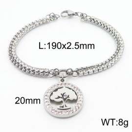 190mm Double Bracelets Stainless Steel Hollow Tree of Life Pendant Jewelry With Zircon Women's Bracelet