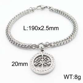 190mm Double Bracelets Stainless Steel Hollow Tree of Life Pendant Jewelry With Zircon Women's Bracelet