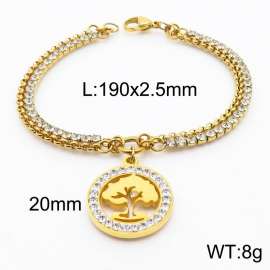 Double Bracelets 18k Gold Plated Stainless Steel Hollow Tree of Life Pendant Jewelry With Zircon
