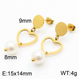 European and American fashion stainless steel creative hollow heart shaped connection pearl pendant temperament gold earrings