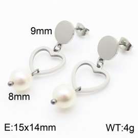 European and American fashion stainless steel creative hollow heart shaped connection pearl pendant temperament silver earrings