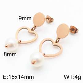 European and American fashion stainless steel creative hollow heart shaped connection pearl pendant temperament rose gold earrings