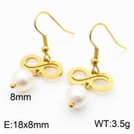 European and American fashion stainless steel ear hook creative black hollow 8-shaped connection pearl pendant temperament gold earrings