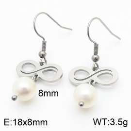 European and American fashion stainless steel ear hook creative black hollow 8-shaped connection pearl pendant temperament silver earrings