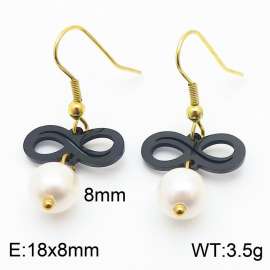 European and American fashion stainless steel ear hook creative black hollow 8-shaped connection pearl pendant temperament gold earrings