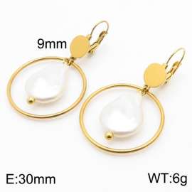 European and American fashion stainless steel creative hollow out circular clip flat pearl pendant temperament gold earrings