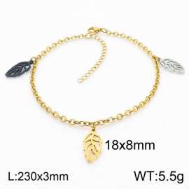 European and American fashion stainless steel 200 × 3mm O-shaped Chain Hanging 3 Colors Hollow Leaf Pendant Charm Gold Bracelet