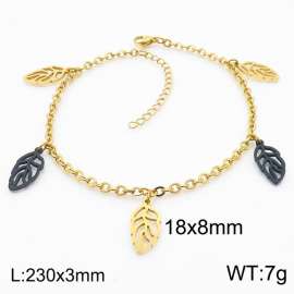 European and American fashion stainless steel 200 × 3mm O-shaped Chain Hanging 2 Color Hollow Leaf Pendant Charm Gold Bracelet