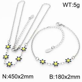 Fashion stainless steel 180×2mm&450×2mm black double-sided adhesive drop small daisy petal splicing O-shaped chain women's charm silver set