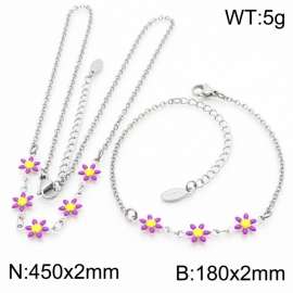 Fashion stainless steel 180×2mm&450×2mm purple double-sided adhesive drop small daisy petal splicing O-shaped chain for women's charm silver set