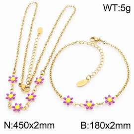 Fashion stainless steel 180×2mm&450×2mm purple double-sided adhesive drop small daisy petal splicing O-shaped chain for women's charm gold set