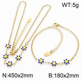 Fashion stainless steel 180×2mm&450×2mm dark blue double-sided adhesive drop small daisy petal splicing O-shaped chain for women's charm gold set