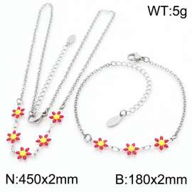 Fashion stainless steel 180×2mm&450×2mm red double-sided adhesive drop small daisy petal splicing O-shaped chain for women's charm silver set